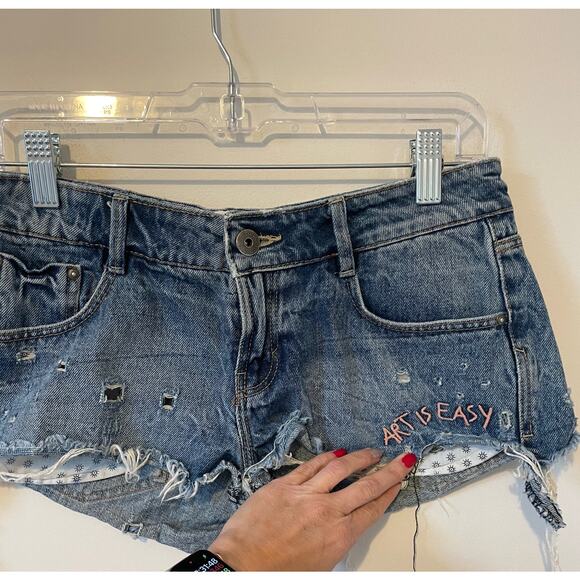 Zara Art is Easy Cut Off Distressed Denim Shorts Blue Pink Size 4 - Picture 4 of 6
